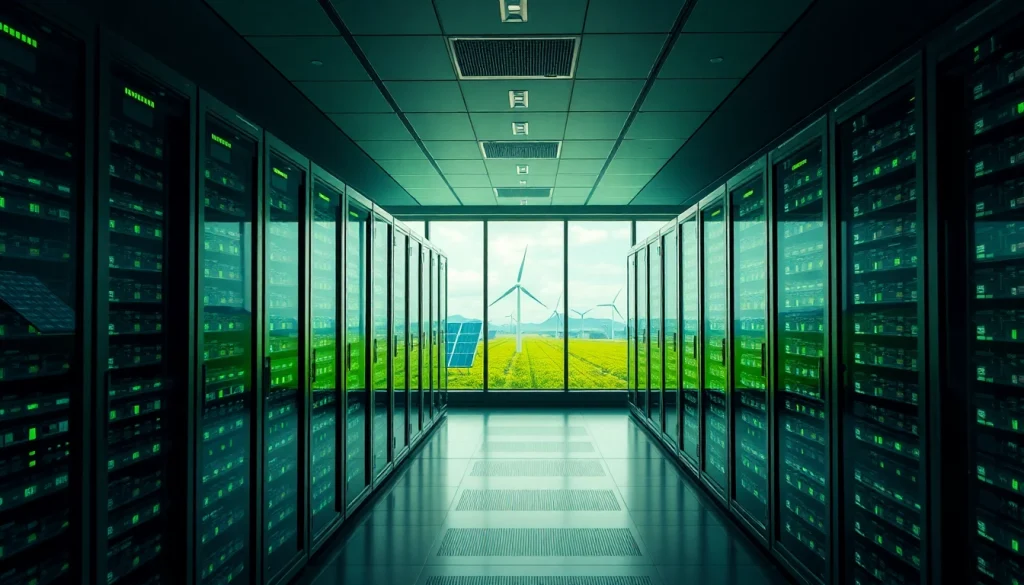 Visual representation of crypto cloud mining technology in a sustainable data center with renewable energy.