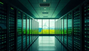 Visual representation of crypto cloud mining technology in a sustainable data center with renewable energy.