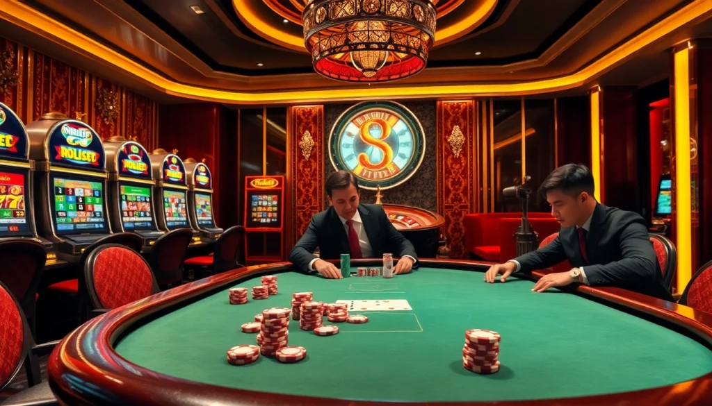 Engaging scene of luck8 casino with players at poker table and vibrant slot machines.