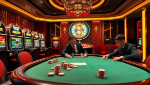 Engaging scene of luck8 casino with players at poker table and vibrant slot machines.