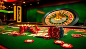 KJC gaming table featuring vibrant poker chips in an exciting casino atmosphere.