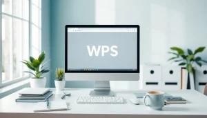 A modern workspace featuring WPS办公软件 on a sleek computer screen with a bright, professional atmosphere.