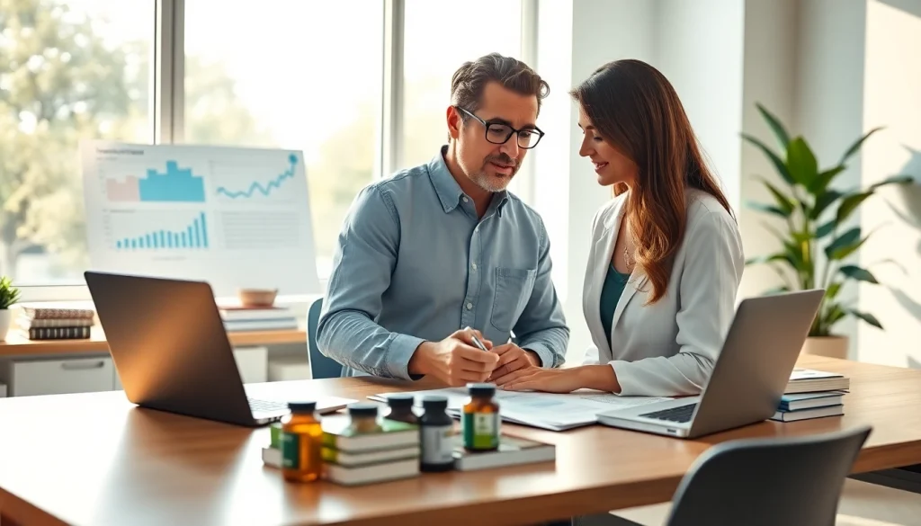 Illustration of a wellness coach discussing healthspan metrics in a modern office.
