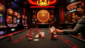 Players enjoying a vibrant casino experience at S8 with poker chips, roulette wheel, and slot machines.
