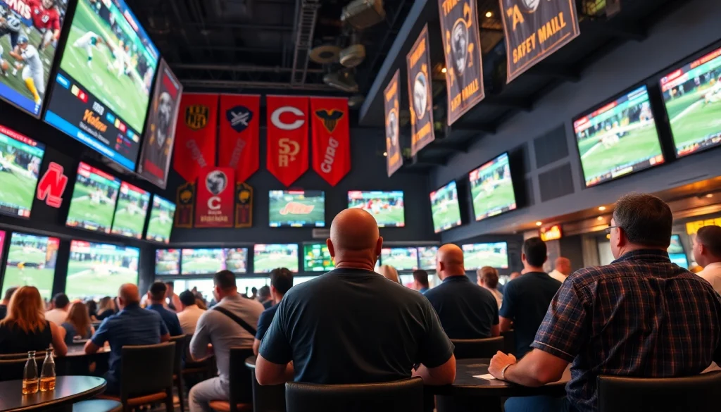 Exciting atmosphere of sportsbooks in South Carolina with bettors enjoying live sports.