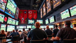 Exciting atmosphere of sportsbooks in South Carolina with bettors enjoying live sports.