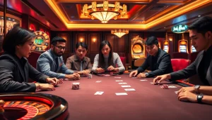 Players enjoying an engaging poker game at XN88 casino, highlighting excitement and high stakes.