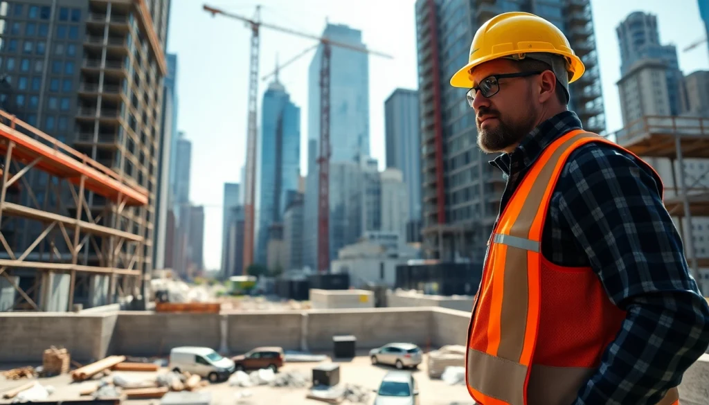 New York General Contractor evaluating a bustling construction site with cranes and scaffolding in the background.