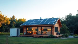 Off grid home solar system with solar panels on a cabin, showcasing energy independence.