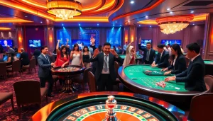 Players enjoying a thrilling casino experience at https://m88zo.com/ with roulette wheels and poker tables.