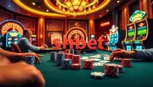 SHBET players strategizing at a luxurious poker table filled with chips and cards.