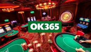 Experience the excitement of online gambling at OK365, featuring vibrant casino tables and slot machines.