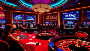 A player placing a bet at the luxurious casino table of 79king, featuring vibrant poker chips and cards.