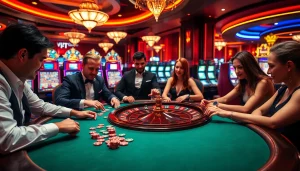 Players engaging in a thrilling casino game at xx88, with cards and chips in an opulent setting.