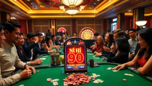Nổ hủ 90 jackpot slot machine in a vibrant casino environment, highlighting excitement and luxury.