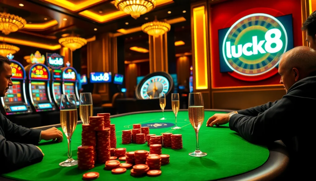 Players enjoying poker at a luxurious casino with luck8 logo and slot machines.