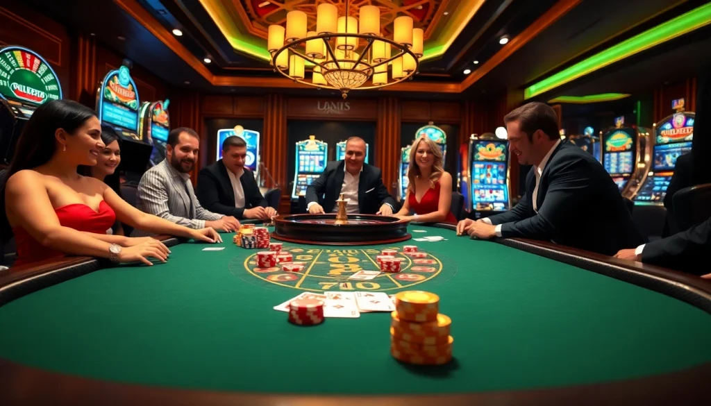 S8 casino experience with excited players at a blackjack table, vibrant chips, and roulette.