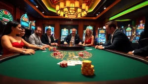 S8 casino experience with excited players at a blackjack table, vibrant chips, and roulette.