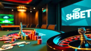 Engaging scene of SHBET casino gaming with cards, poker chips, and roulette wheel.