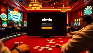 Players experiencing the excitement of gambling at a luxurious casino with an 'okwin login' interface on display.