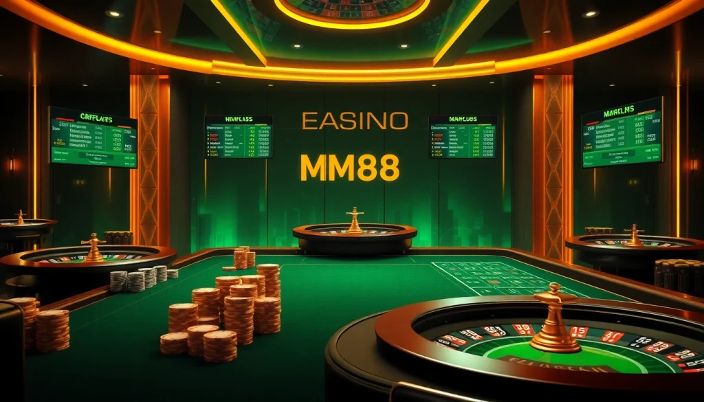 Experience the excitement of online gambling at https://m88zo.com/ with poker chips and roulette wheels.