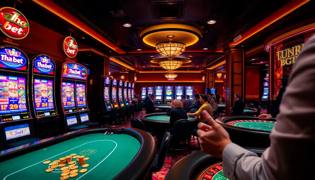 Players enjoying a thrilling moment at Tha bet casino with vibrant slot machines and poker tables.