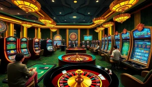Experience the excitement of uu88 bet with players engaged at luxury casino tables and vibrant slot machines.