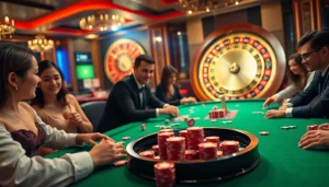 Experience the thrill of MM88 at a luxurious casino table with players engaged in poker.