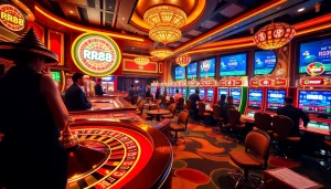 Players experiencing the excitement of RR88's casino games with vibrant roulette and slot machines.