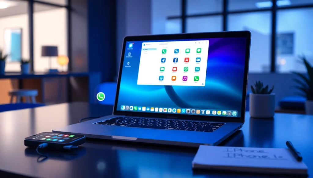 爱思助手下载 showcased on a laptop in a modern workspace, emphasizing iPhone management features.
