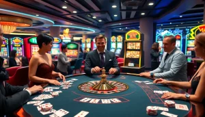 Exciting baccarat scene at https://jun88ld.com/ with elegant players and a professional dealer.