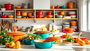 Find where to buy Le Creuset in NZ through a vibrant kitchen showcasing colorful cookware.