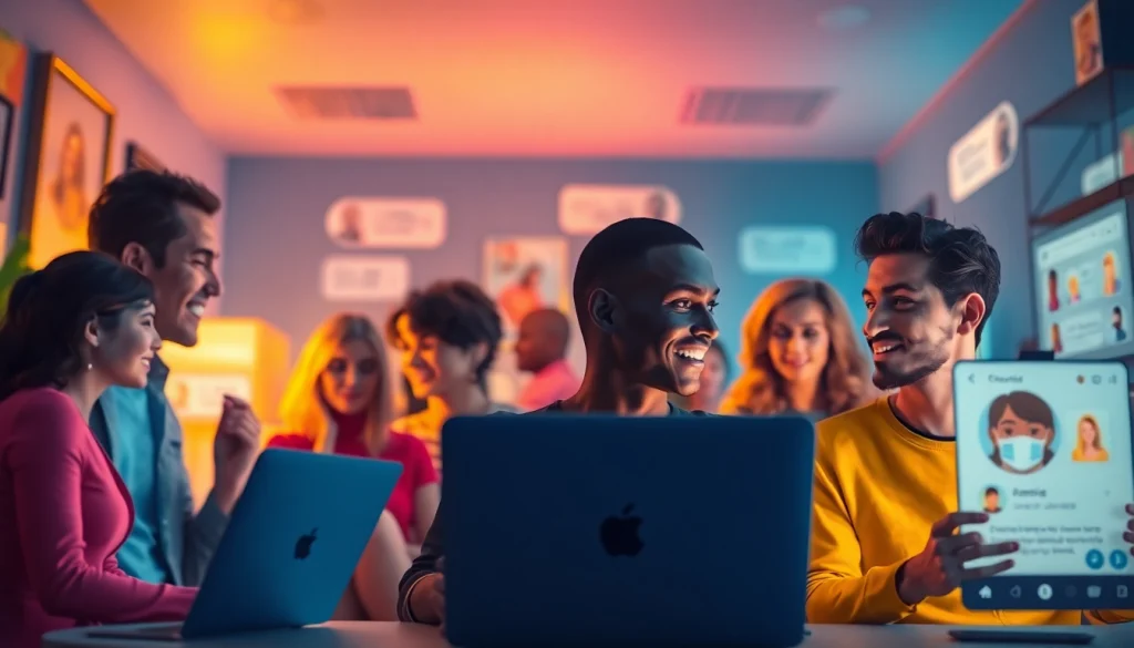 Engaging online sex chat environment with diverse individuals communicating in a vibrant digital space.