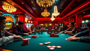 AF88 poker night with players around a luxurious table filled with chips and cards.