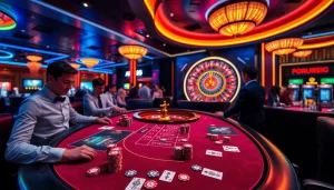 Exciting AF88 casino scene with vibrant tables, dealers, and spinning roulette.