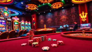 A lively casino scene showcasing the excitement of 6L777.VIP with poker chips, roulette wheel, and slot machines.