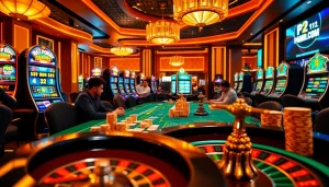 High-stakes poker action at PH22211.COM with luxury casino ambiance featuring vibrant slot machines.