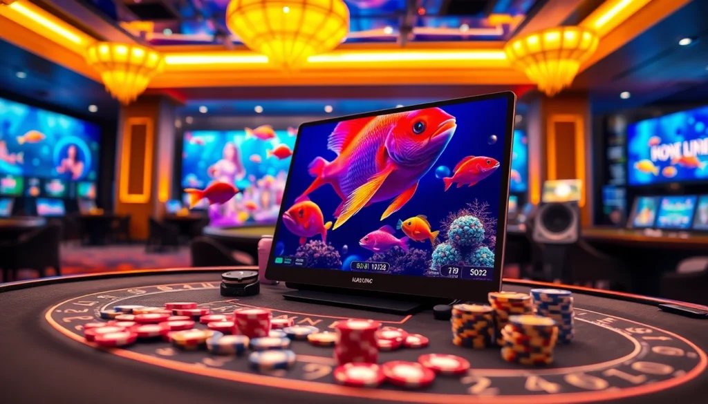 Bắn cá đổi thưởng game interface showcasing vibrant underwater visuals with colorful fish.