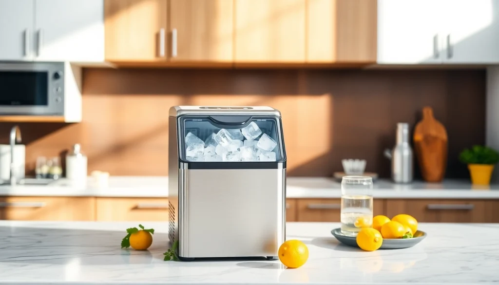 Showcase of an ice maker in a modern kitchen preparing refreshing drinks.