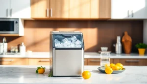 Showcase of an ice maker in a modern kitchen preparing refreshing drinks.