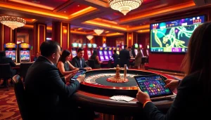 Players enjoying the u888 app at a luxurious casino, engaged with games and betting activities.