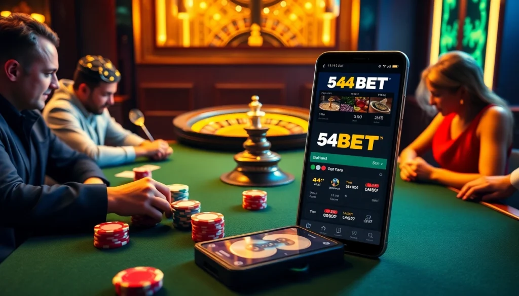 Experience the thrill of casino gaming with 54BET Download showcased on a digital interface.