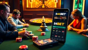 Experience the thrill of casino gaming with 54BET Download showcased on a digital interface.