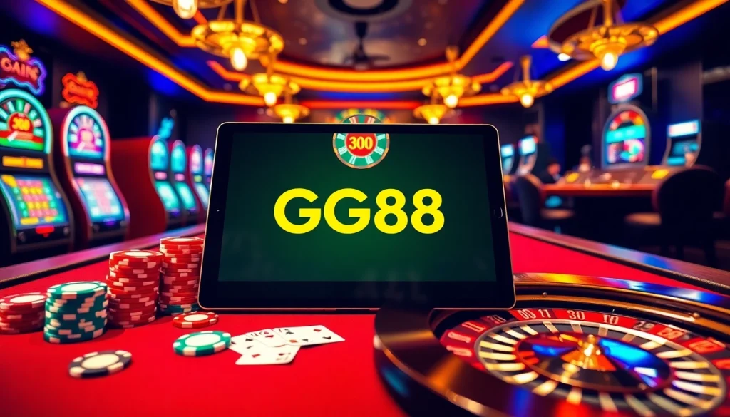 Exciting GG88 online gambling scene with vibrant poker chips, slot machines, and a roulette wheel.