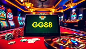 Exciting GG88 online gambling scene with vibrant poker chips, slot machines, and a roulette wheel.