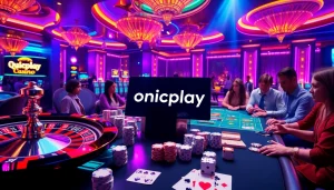 Experience the excitement of onicplay with a vibrant casino scene featuring roulette wheels, poker chips, and players.