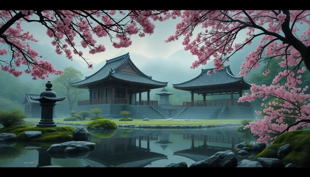 自然と桜に囲まれた即身仏を祀る日本の寺院の静かな風景。