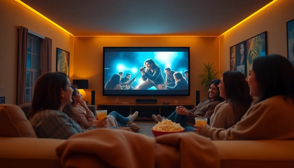 Friends enjoying a movie night in a cozy home cinema showcasing layarkaca21 film.