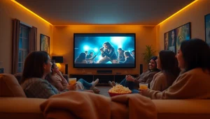Friends enjoying a movie night in a cozy home cinema showcasing layarkaca21 film.