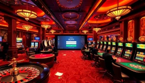Experience the excitement of 6L777 Login at a luxury casino with vibrant gaming tables and slots.